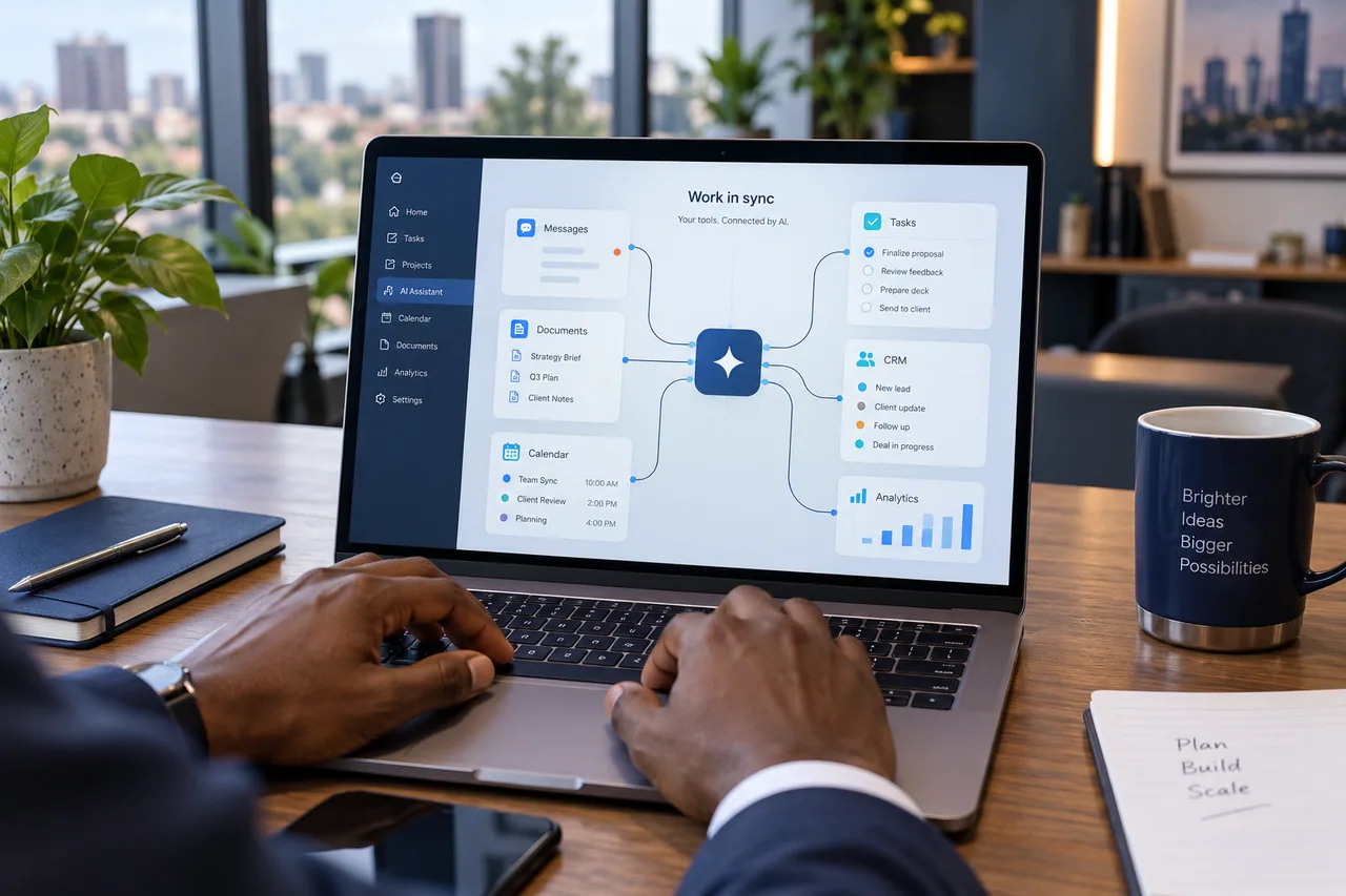 Illustrative workstation where an AI agent coordinates tasks across business tools.