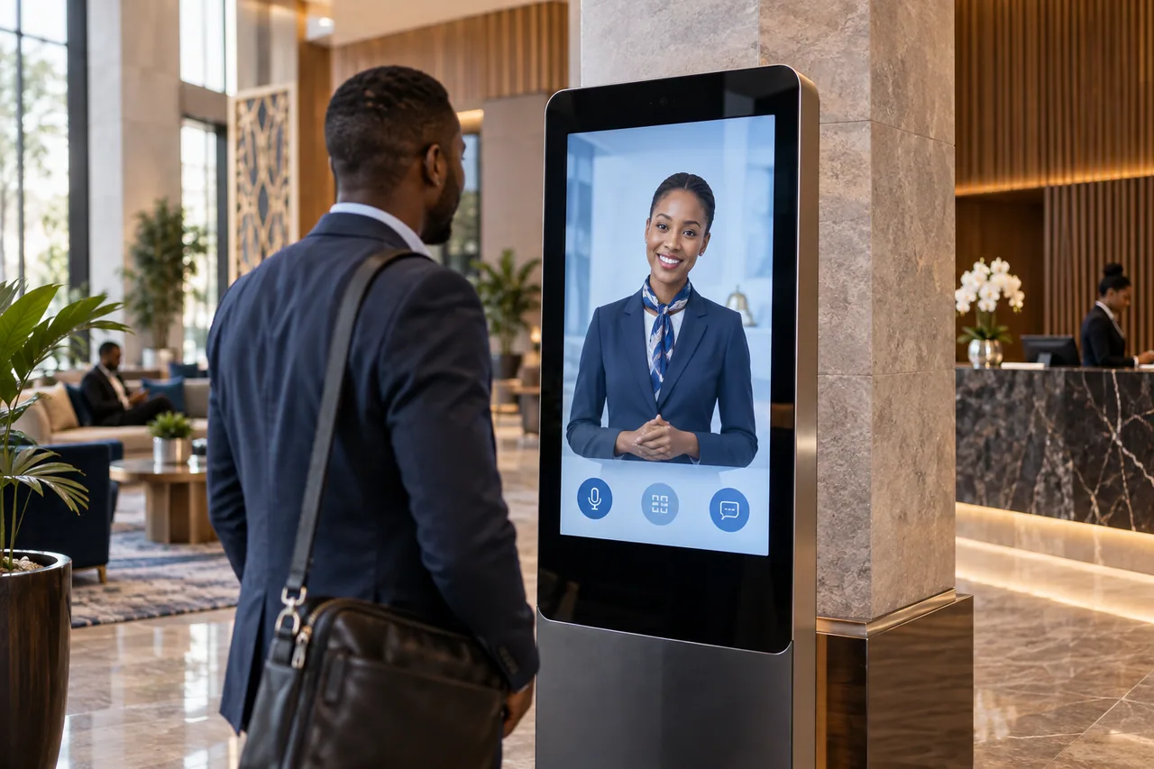 Illustrative digital concierge speaking with a guest through a hotel lobby display.