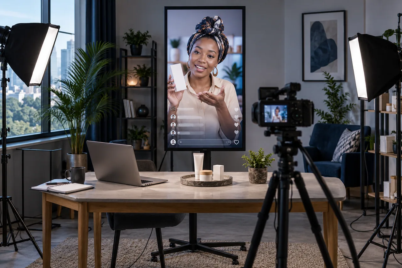 Illustrative digital presenter demonstrating a product in an interactive livestream studio.