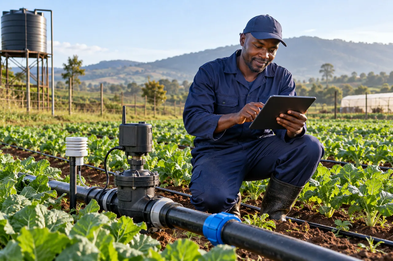 Illustrative farmer using a tablet with smart irrigation sensors and controls.