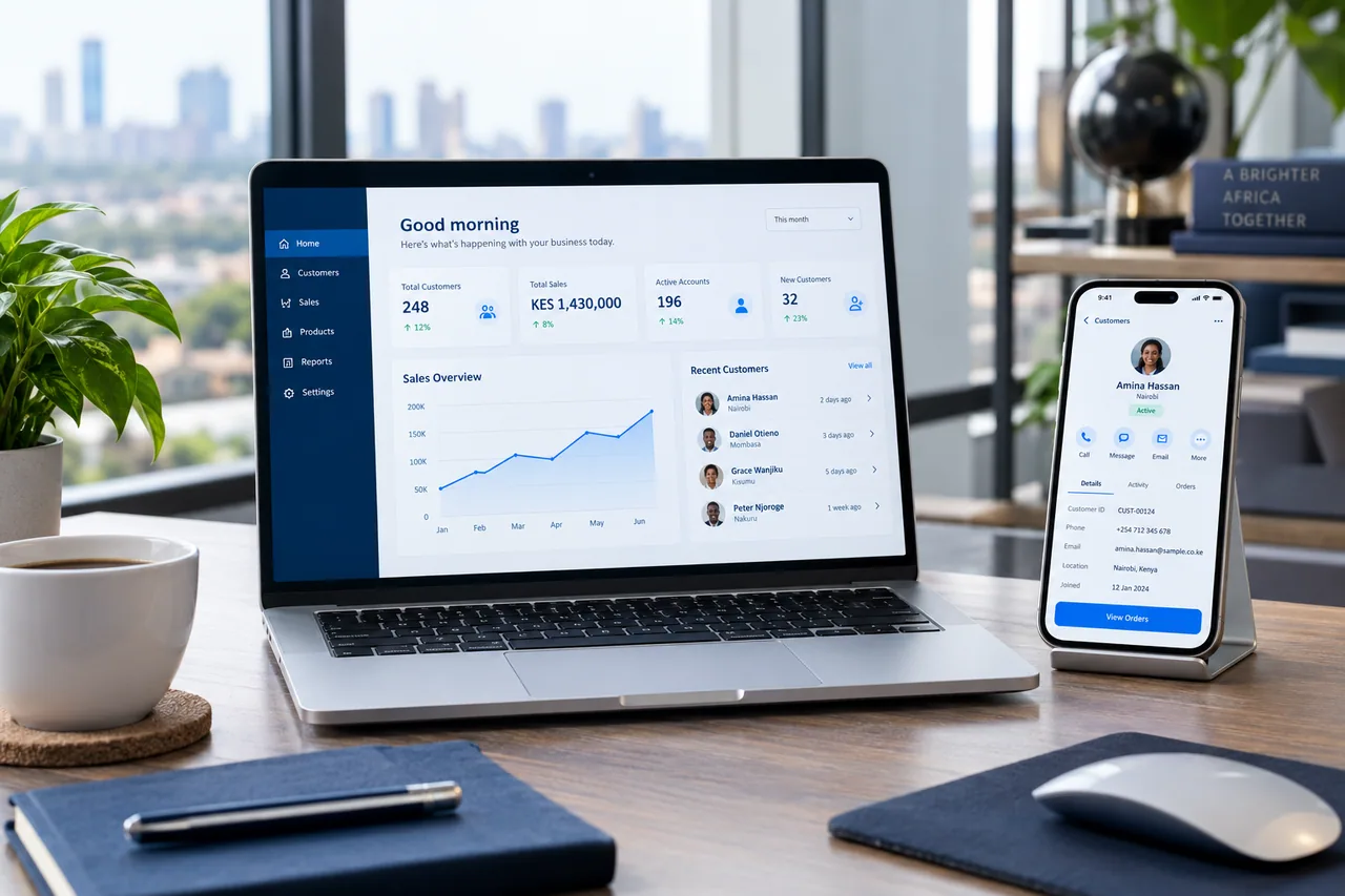 Illustrative custom business software running across a laptop and smartphone.