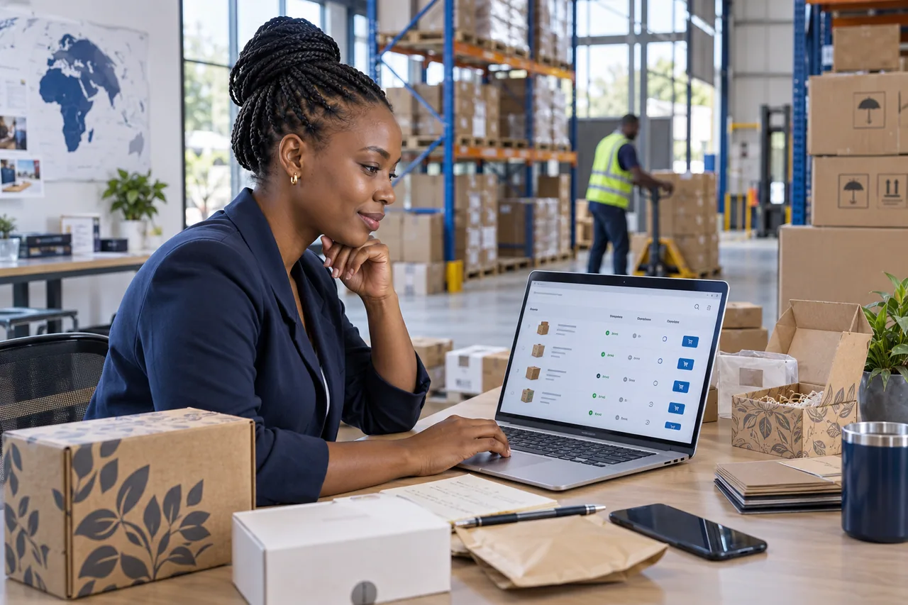 Illustrative buyer comparing supplier options beside product samples in a warehouse.