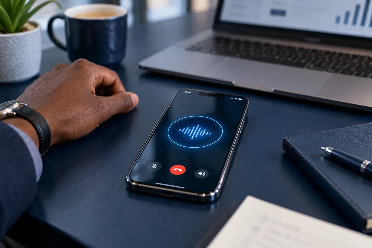 Illustrative voice assistant on a smartphone, ready for a conversation.