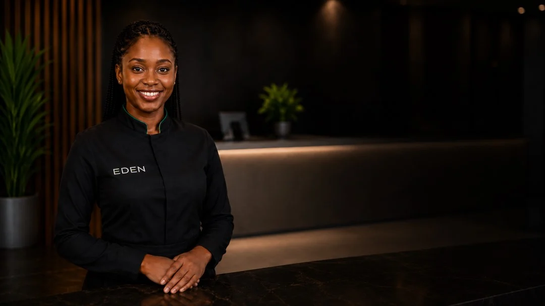 Hawa, an Eden AI avatar, at a reception desk